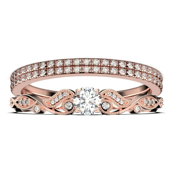 Vintage Look Boho & hippie 1.75 Carat Round Cut Diamond Moissanite Engagement Ring, Wedding Ring in 925 Sterling Silver With 18k Rose Gold Plating, Promise, Trio Set, Matching Band