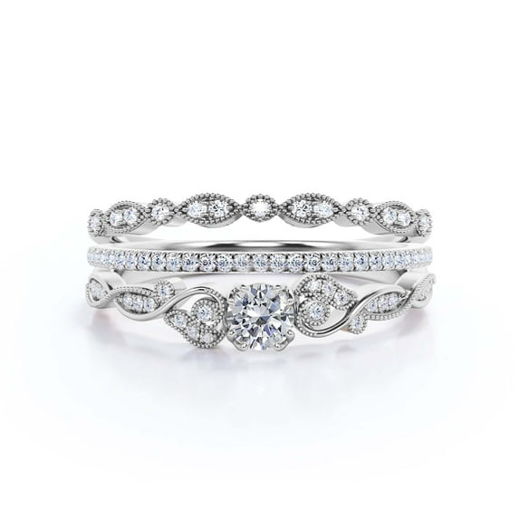 Vintage Look Boho & hippie 1.75 Carat Round Cut Diamond Moissanite Engagement Ring, Wedding Ring in 925 Sterling Silver With 18k White Gold Plating Gift For Woman, Promise, Trio Set, Matching Band