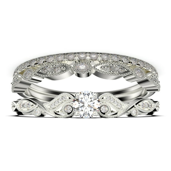 Vintage Look Boho & hippie 1.75 Carat Round Cut Diamond Moissanite Engagement Ring, Wedding Ring in 925 Sterling Silver With 18k White Gold Plating, Promise, Trio Set, Matching Band