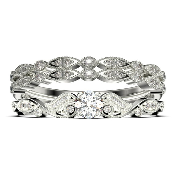 Vintage Look Boho & hippie 1.75 Carat Round Cut Diamond Moissanite Engagement Ring, Wedding Ring in 925 Sterling Silver With 18k White Gold Plating, Promise, Trio Set, Matching Band