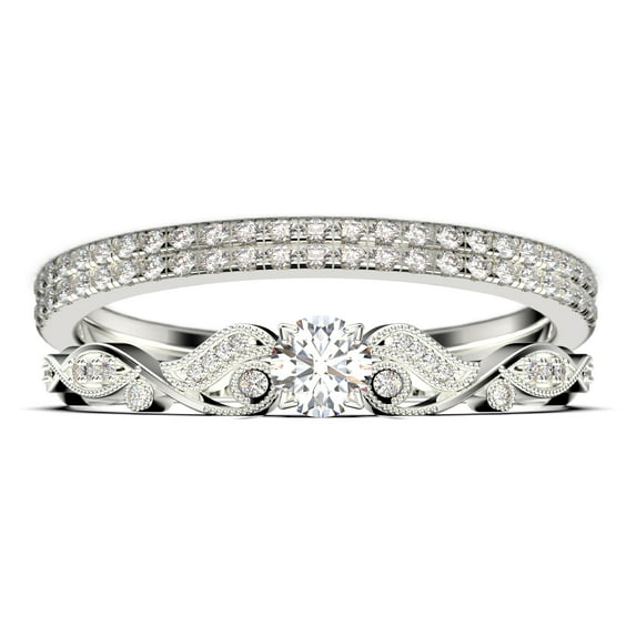 Vintage Look Boho & hippie 1.75 Carat Round Cut Diamond Moissanite Engagement Ring, Wedding Ring in 925 Sterling Silver With 18k White Gold Plating, Promise, Trio Set, Matching Band