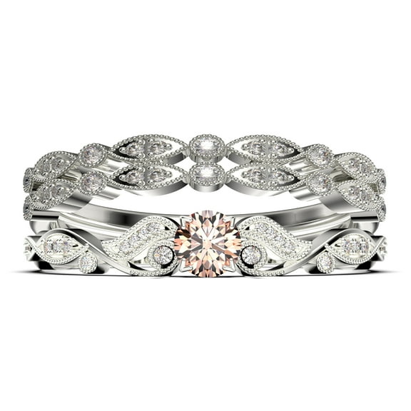 Vintage Look Boho & hippie 1.75 Carat Round Cut Morganite And Diamond Moissanite Engagement Ring, Wedding Ring in 10k Solid White Gold, Promise Ring, Anniversary Ring, Trio Set, Matching Band