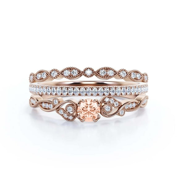 Vintage Look Boho & hippie 1.75 Carat Round Cut Morganite And Diamond Moissanite Engagement Ring, Wedding Ring in 925 Sterling Silver With 18k Rose Gold Plating, Promise, Trio Set, Matching Band