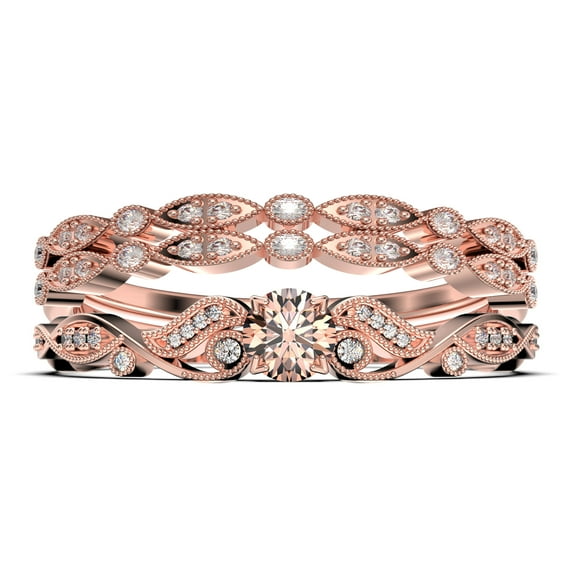 Vintage Look Boho & hippie 1.75 Carat Round Cut Morganite And Diamond Moissanite Engagement Ring, Wedding Ring in 925 Sterling Silver With 18k Rose Gold Plating, Promise, Trio Set, Matching Band