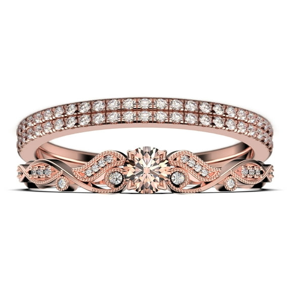 Vintage Look Boho & hippie 1.75 Carat Round Cut Morganite And Diamond Moissanite Engagement Ring, Wedding Ring in 925 Sterling Silver With 18k Rose Gold Plating, Promise, Trio Set, Matching Band