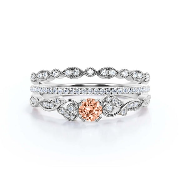 Vintage Look Boho & hippie 1.75 Carat Round Cut Morganite And Diamond Moissanite Engagement Ring, Wedding Ring in 925 Sterling Silver With 18k White Gold Plating, Promise, Trio Set, Matching Band