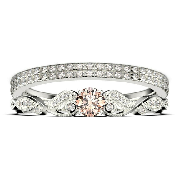 Vintage Look Boho & hippie 1.75 Carat Round Cut Morganite And Diamond Moissanite Engagement Ring, Wedding Ring in 925 Sterling Silver With 18k White Gold Plating, Promise, Trio Set, Matching Band