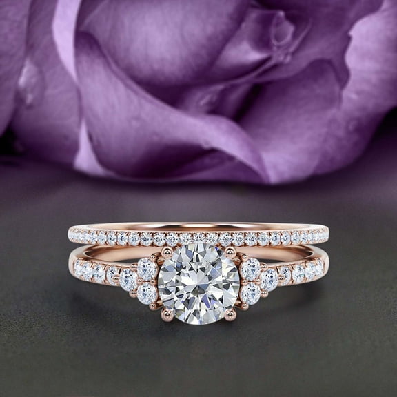 Vintage Look Dazzling Mid-Centuryy 1.50 Carat Round Cut Diamond Moissanite Engagement Ring Set, Wedding Ring Set In 925 Sterling Silver With 18K Rose Gold Plating, Bridal Set, Matching Band