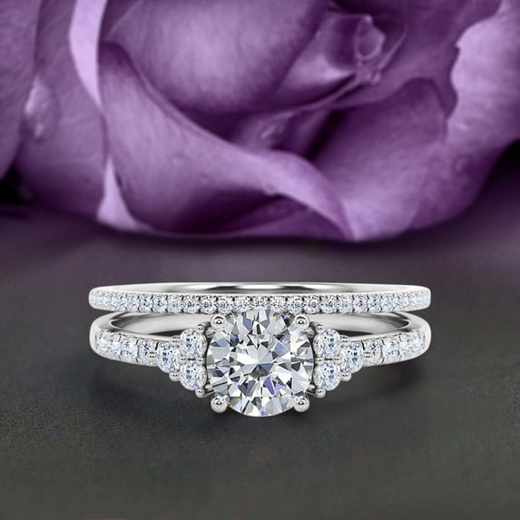 Vintage Look Dazzling Mid-centuryy 1.50 Carat Round Cut Diamond Moissanite Engagement Ring Set, Wedding Ring Set in 925 Sterling Silver With 18k White Gold Plating, Bridal Set, Matching Band