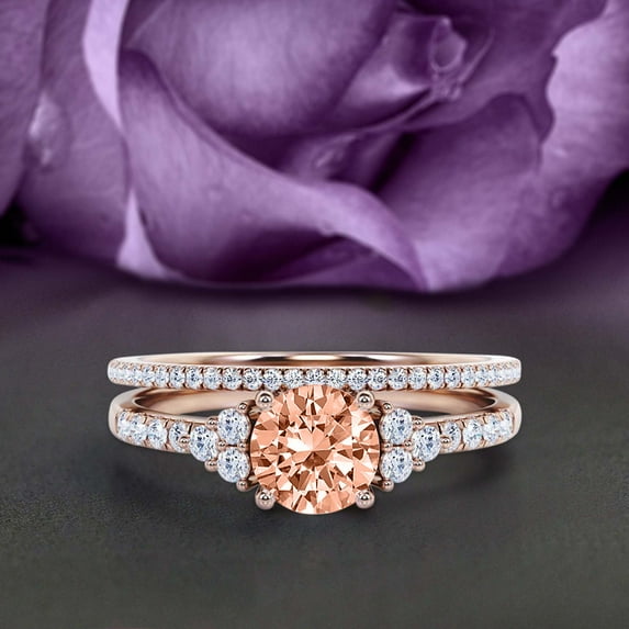 Vintage Look Dazzling Mid-centuryy 1.50 Carat Round Cut Morganite And Diamond Moissanite Engagement Ring Set, Wedding Ring Set in 10k Solid Rose Gold, Promise Ring, Bridal Set, Matching Band