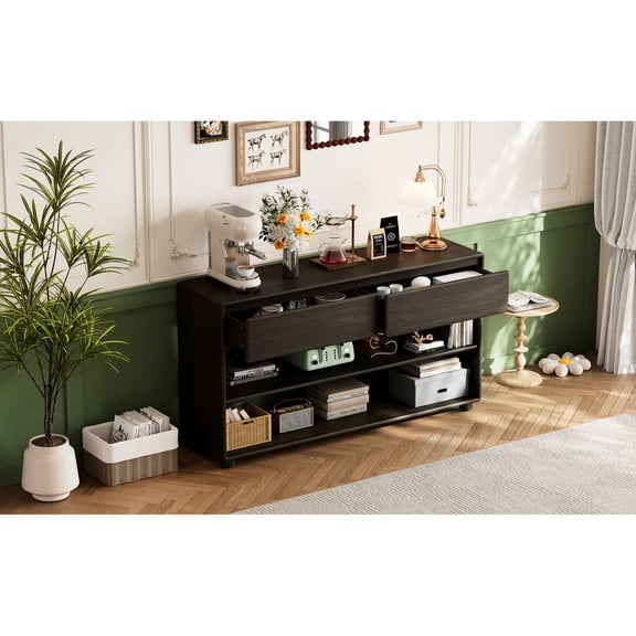 Vintage Look, Premium Wood Materials - Two Drawers and Two Shelves - Used in Multiple Spaces - Elegant Console Table