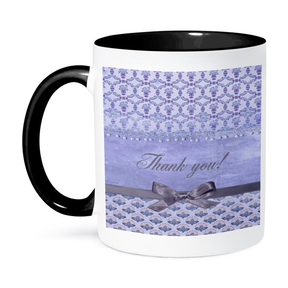 3dRose, Vintage look Roses with Lace and Bow, Purple, Thank you, 11oz Two-Tone Black Mug