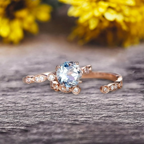 Vintage Looking 10k Rose Gold 1.50 Carat Round Cut Natural Aquamarine Engagement Rings With Unique Matching Wedding Band Art Deco