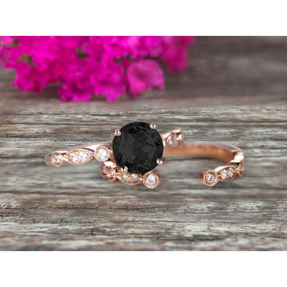 Vintage Looking 10k Rose Gold 2 Carat Round Cut Black Diamond Moissanite Engagement Rings With Unique Matching Wedding Band Art Deco