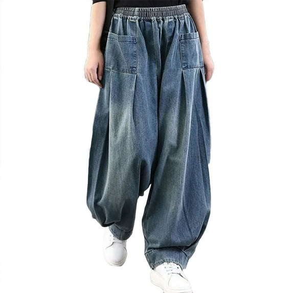 Vintage Loose Denim Latern Pants Elastic High Waist Harem Pants Casual Boyfriend Style Baggy Pockets Cropped Pants