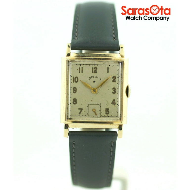 Vintage Lord Elgin 14K Yellow Gold Grey Leather Hand Winding Men