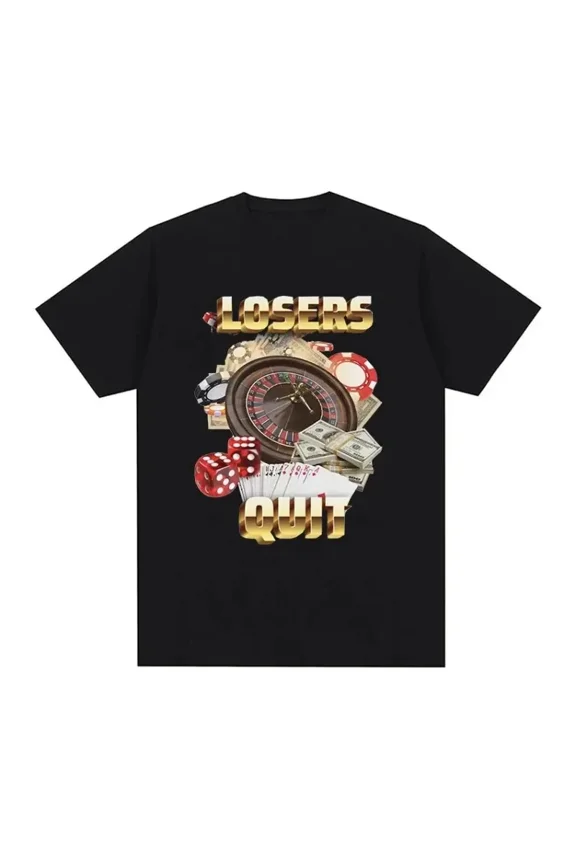 Vintage Losers Quit Gambling Meme Graphic Printed T Shirt Woman Fashion Short Sleeve Round-Neck T-shirts Casual Fashion Clothing