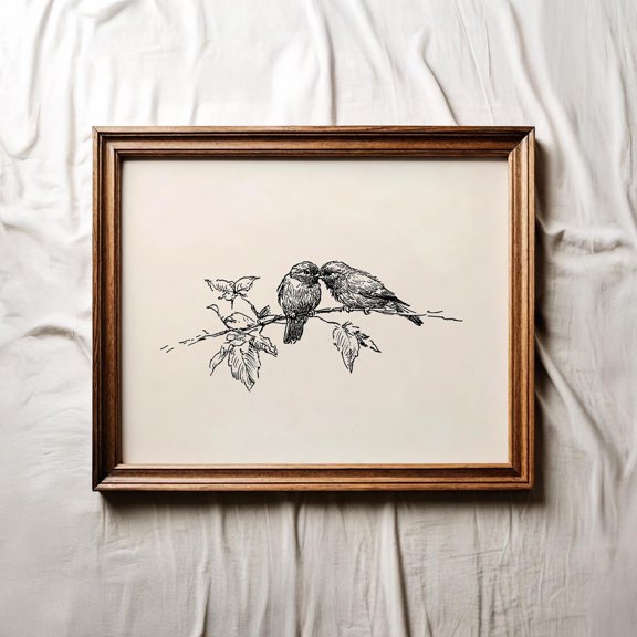 Vintage Love Birds Sketch Minimalist Bird Drawing Botanical Artwork, UNFRAMED Size 16x16