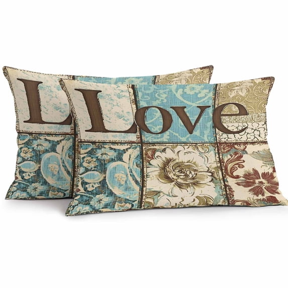 Vintage Love Floral Outdoor Pillow Covers Pack of 2 Blue Green Brown Flowers Waterproof Throw Pillow Covers Decorative Cushion Cases for Patio Garden Tent Balcony Couch 20x12 inch