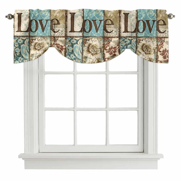 Vintage Love Floral Tie Up Valances Curtain, Blue Green Brown Flowers Adjustable Rod Pocket Short Window Treatment Tie Up Curtains Valances for Kitchen Living Room Bathroom 54x18 Inches