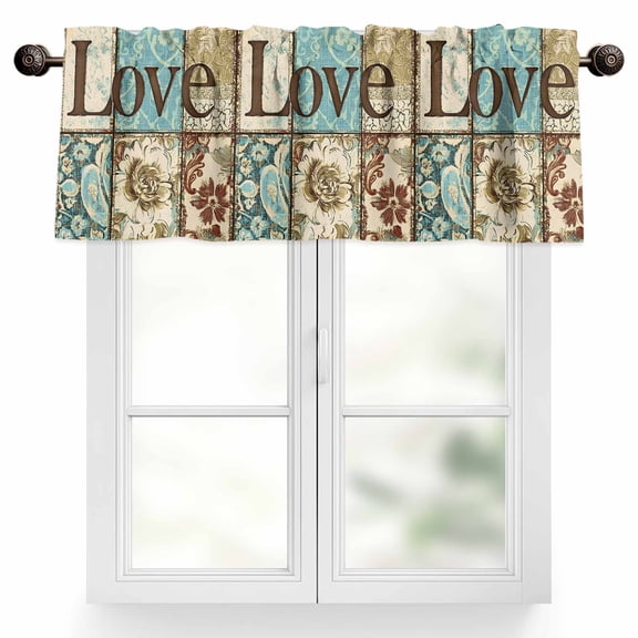 Vintage Love Floral Valances for Windows, 54 x 18in, Blue Green Brown Flowers Rod Pocket Kitchen Valance Curtain Light Filtering Window Treatments for Living Room Bedroom, 1 Panel
