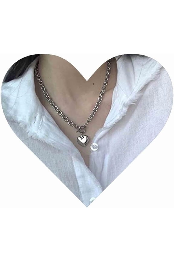 Vintage Love Heart Choker Necklace Silver Paper Clip Necklace Puffy Heart Toggle Necklace Open Circle T Bar Necklace Jewelry for Women