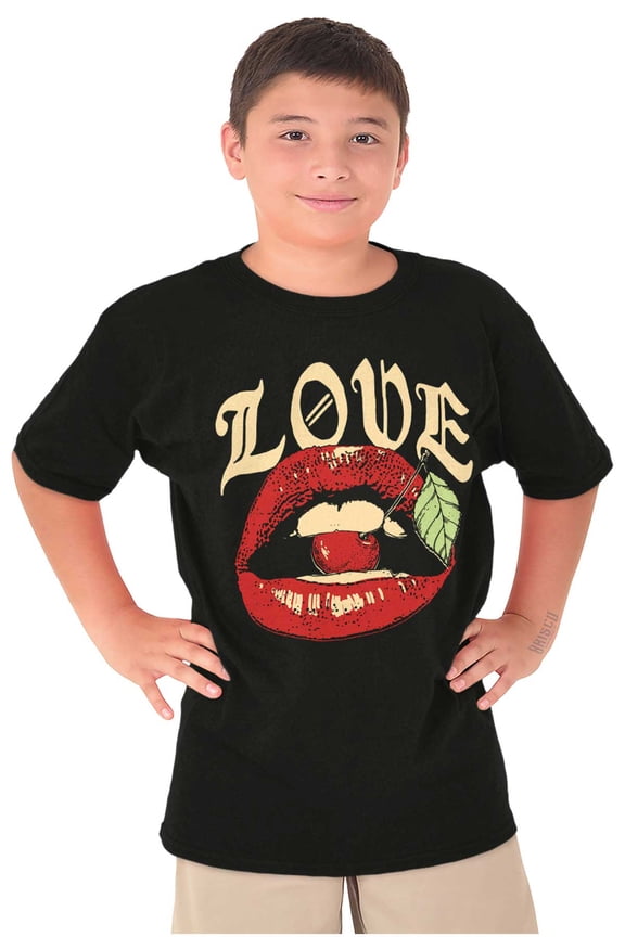 Vintage Love Lips Biting Cherry Crewneck T Shirts Boy Girl Teen Brisco Brands X
