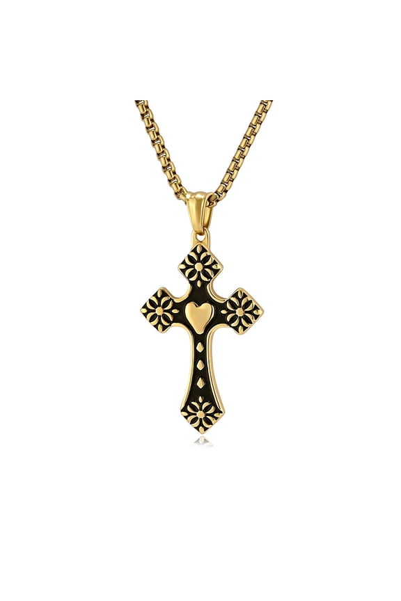 Vintage Love Religious Jewelry High Quality 14K Yellow Gold Heart Cross Pendant Necklace Set For Lover Couples