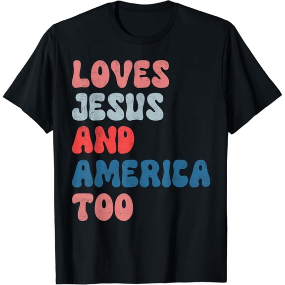 Vintage Loves Jesus and America Too 4th of July Men Womens T-Shirt