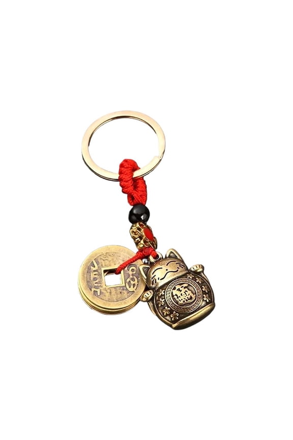 Vintage Lucky Cat Keychain with Feng Shui Coin  O-Ring Bag Charm for New Year Gift and Daily Accessory