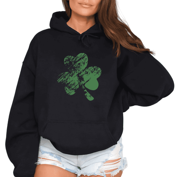St Patricks Day Distressed Shamrock Graphic Sweatshirt Print hoodie Black S-2XL Womens Casual Holiday Tops