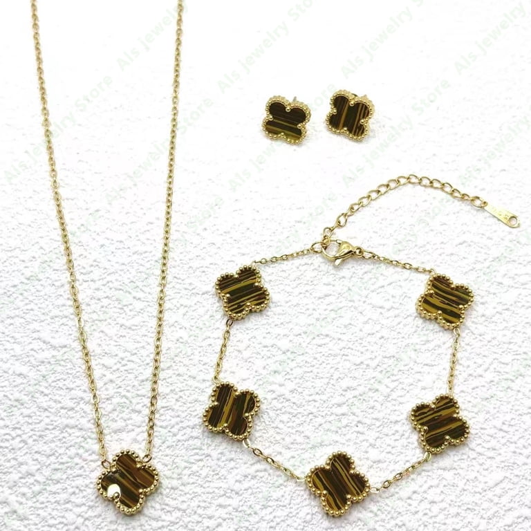 Vintage Lucky Four Leaf Clover Jewelry Set – Gold Chain Tiger Eye