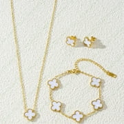 SYLORA Vintage Lucky Four Leaf Clover Jewelry Set – Gold Chain White Shell Clover Necklace, Bracelet, Earrings, Perfect Jewelry Set for Women