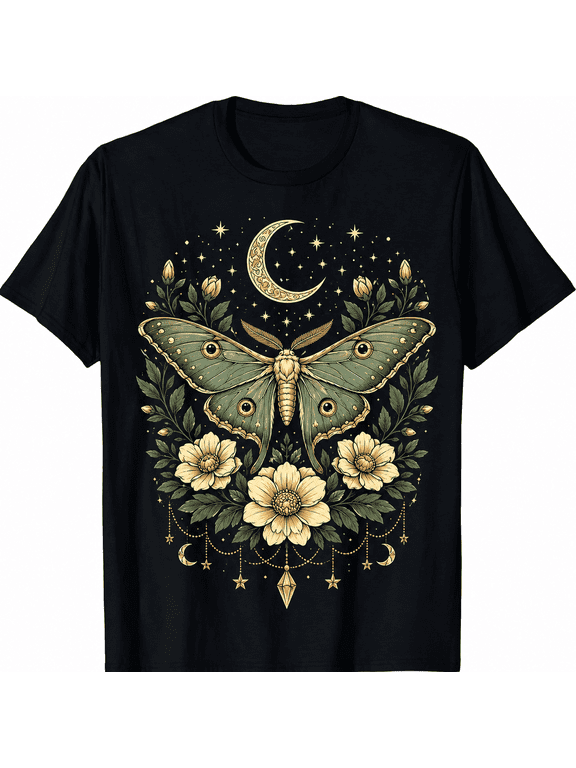 Vintage Luna Moth Moon Star Floral Graphic T-Shirt Women Celestial Witchy Botanical Wildflower Crescent Moon Gothic Cottagecore Short Sleeve Casual Tee