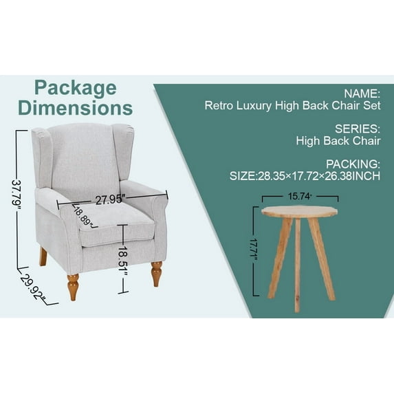Vintage Luxury Beige Armchair & Natural Wood Coffee Table Set | High-Back Comfort, Solid Rubberwood, 400lb Capacity | Ideal for Living Room, Bedroom Relaxation, Study