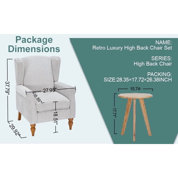 Vintage Luxury Coffee Table & Armchair Set: Antique Dark Grey High-Back Wing Reading Chair & Natural Solid Wood Table for Living Room/Bedroom Relaxation Nooks, 27.56"W, Durable Rubberwood & Polyester