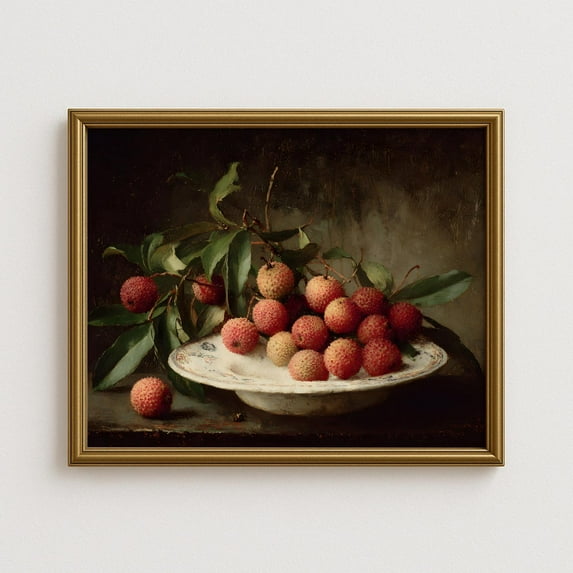 Vintage Lychee Still Life Wall Art, Rustic Red Fruit On Plate With Leaves,Farmhouse Kitchen Dining Room Home Decor #1134, Stretched Canvas Size 12x18