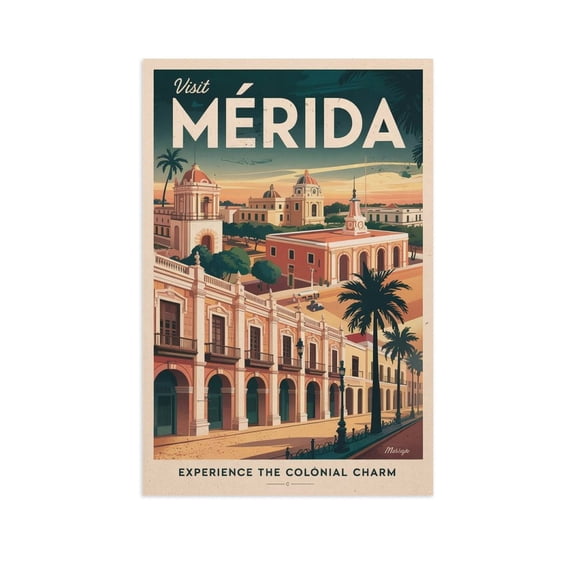 Vintage Mérida Cityscape Retro Mexican Tourism with Colonial Charm & Scenic Streets Print Poster