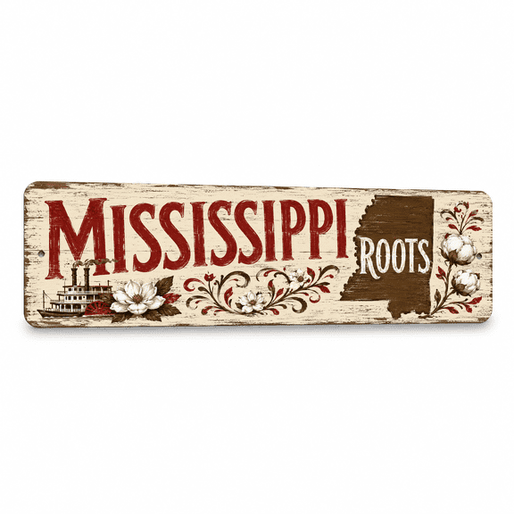 Vintage "MISSISSIPPI ROOTS" Folksy Barnwood Metal Sign - State Pride Wall Decor - 15"x 5" Aluminum Sign for Transplants, Hometown Bars & Gift-Giving