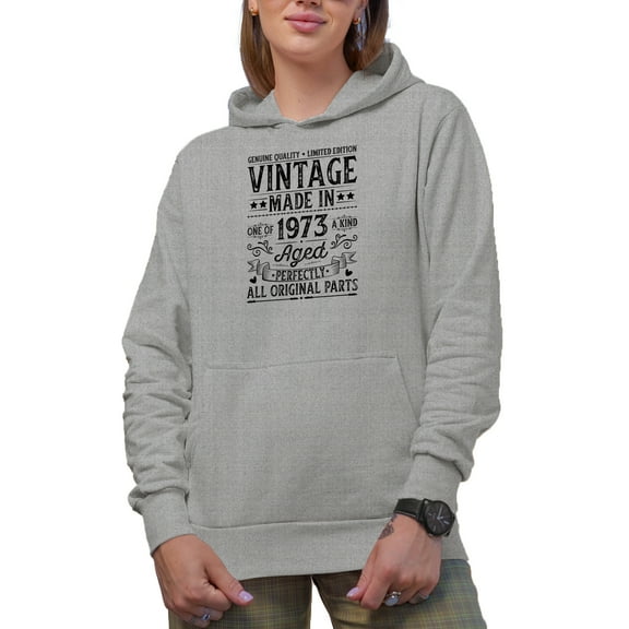 Vintage Made in 1973 Aged Perfectly, Grandpa or Grandma's Birthday, Heather Grey Hooded Sweatshirt or Hoodie, XL