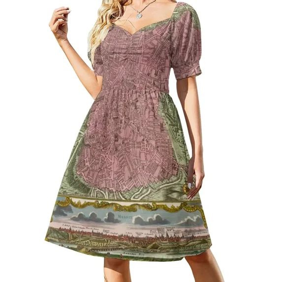Vintage Madrid Spain Map (1730) Short-Sleeved Dress Women's summer dress Summer skirt summer dress korean women