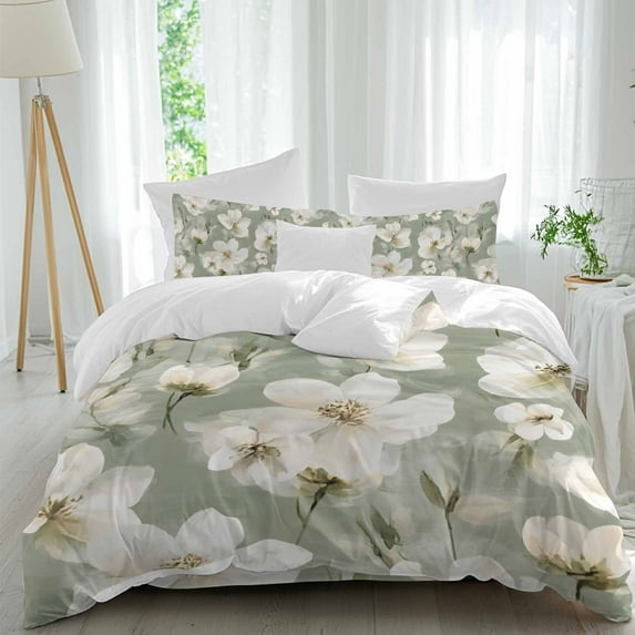 Vintage Magnolia 4 Piece Duvet Cover Set Full Size White Blooming Floral Watercolor Green Soft Bedding Set Comforter Cover, 1 Duvet Cover 1 Flat Sheets and 2 Pillowcases