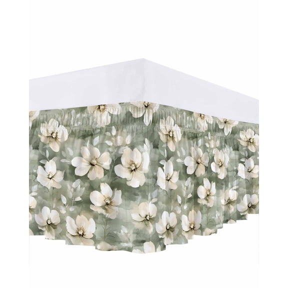 Vintage Magnolia Bed Skirt Queen Size 18" Drop White Blooming Floral Green Oil Painting Ruffled Wrap Around Bed Skirts Adjustable Elastic Bedskirt Dust Ruffle for Queen Size Bed