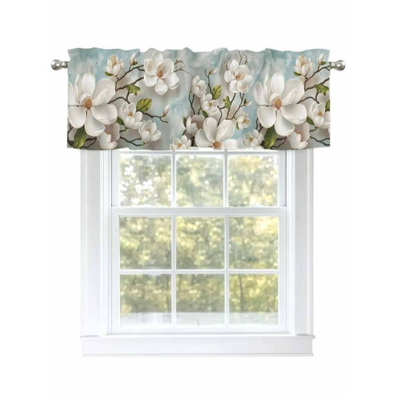 Vintage Magnolia Curtain Valances for Windows, Pastoral White Flowers Window Valances, Window Treatment Rod Pocket Valance Curtains for Living Room/Kitchen/Bedroom/Bathroom, 54x18inch