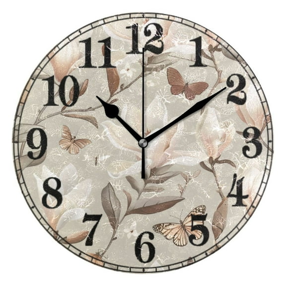 Vintage Magnolia Flowers Butterflies Silent Wall Clock 10" Non-Ticking Battery Clock