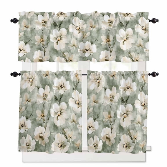Vintage Magnolia Kitchen Curtains Valances and Tiers Set of 3, 36 Inch Length Tier Curtains and Valance Rod Pocket Valance Curtains Set for Kitchen Bathroom Small Windows