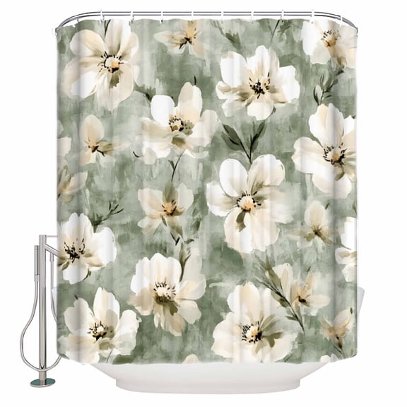 Vintage Magnolia Shower Curtain, 36" x 72", White Blooming Flower Oil Painting Style Waterproof Bathroom Curtain Washable Shower Curtain Set with 12 Hooks