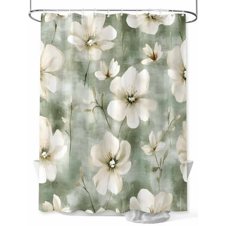 Vintage Magnolia Shower Curtain, White Blooming Flower Green Oil Painting Waterproof Shower Curtain Set with 12 Hooks Lightweight Washable Fabric Shower Curtains for Bathroom 60x72 Inches