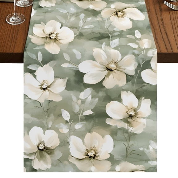 Vintage Magnolia Table Runner 48 Inches Long, White Blooming Floral Green Oil Painting Cotton Linen Dining Table Runner Dresser Scarves for Home Kitchen Party Decor 13"x48"