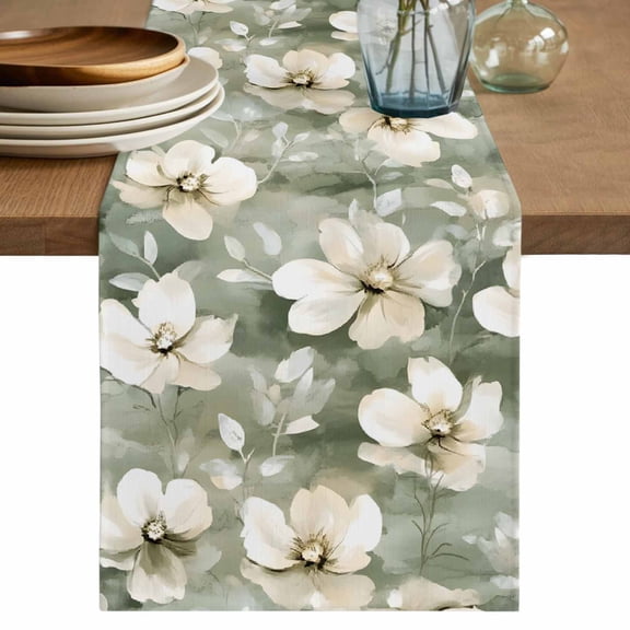 Vintage Magnolia Table Runner, White Blooming Floral Green Oil Painting Cotton Linen Kitchen Table Decoration Washable Dining Tabletop Runners for Home Party Decor 13x36 Inches